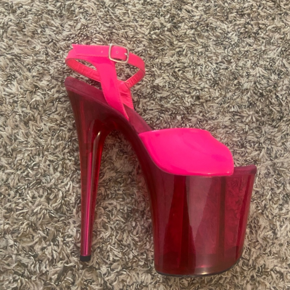 Pleaser Flamingo 8 in stiletto neon pink patent sandal size 10